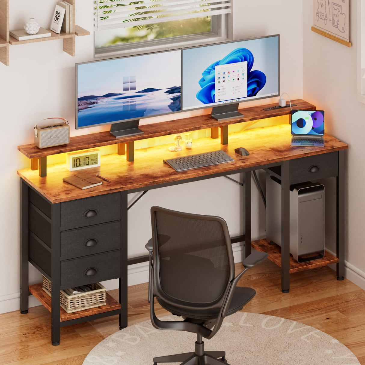 Furologee 61 Inch Desk with 4 Drawers, Computer Desk with Power Outlets and LED Lights, Office Desk with Long Monitor Stand, Large Gaming Desk with Shelf for Home Office/Bedroom/Brown Furologee
