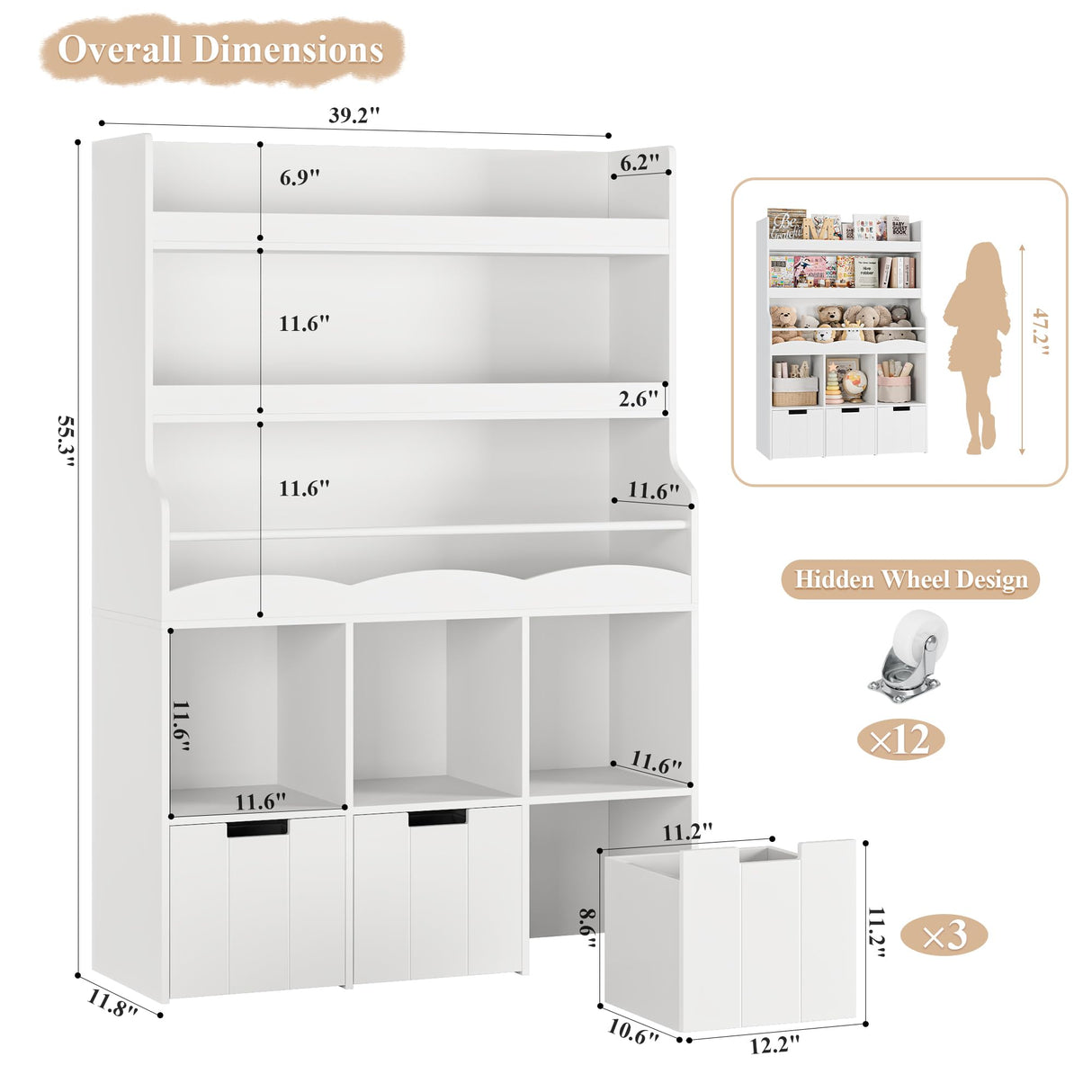 HITHOS 55.3" H Kids Bookshelf with Toy Storage Organizer, Tall Book Shelf with 3 Movable Toy Storage Bins, Large Kids Bookcase with Toy Chest, 39.2" W Modern Toy Box for Kid Room, Playroom, White HITHOS