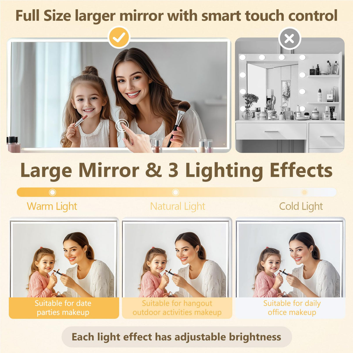 KOLIGEY Vanity Desk with Mirror and Lights, 45"W Farmhouse Makeup Vanity Desk with 44"W Lighted Mirror, Dressing Table with Glass Tabletop, 6 Drawers & 1 Cabinet Door for Bedroom, Dark Walnut & White KOLIGEY