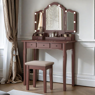 NEDYO Vanity Table, Vintage Vanity Desk with Mirror and Lights, Tri-Fold Mirror Small Makeup Vanity with Chair, Vanity Set for Bedroom and Small Spaces. Terracotta