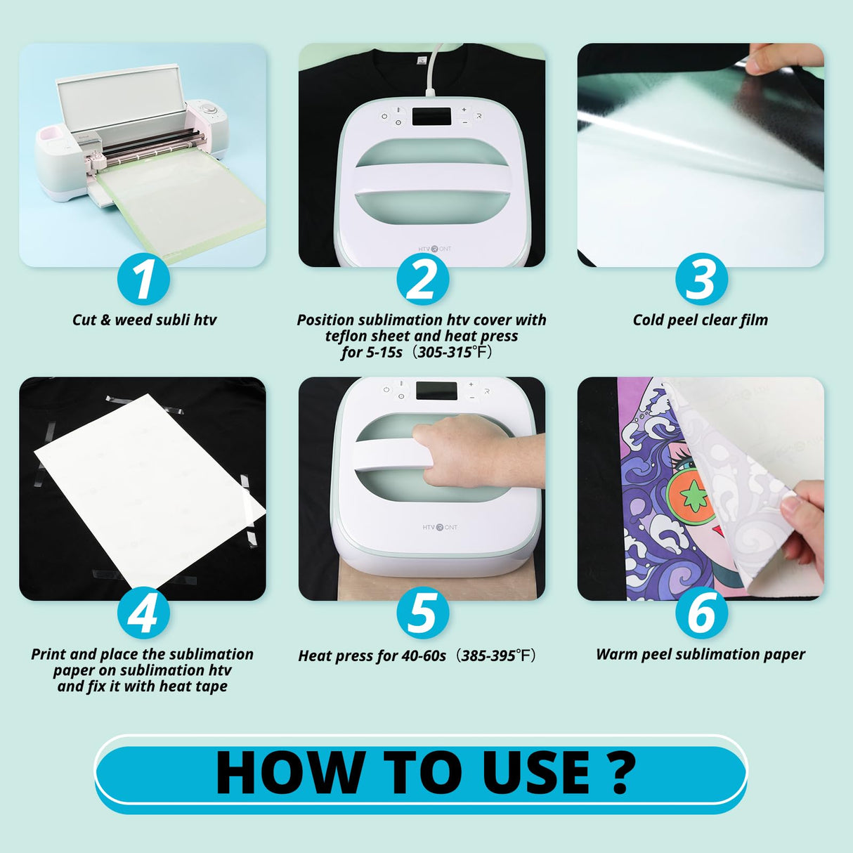 HTVRONT Sublimation HTV Kit - Sublimation HTV for Dark/Light Fabric, Heat Press Starter Kit for Sublimation Shirt/Bag/Hat, Include Sublimation Paper & Heat Resistant Tape & Teflon Sheet for Heat Press HTVRONT