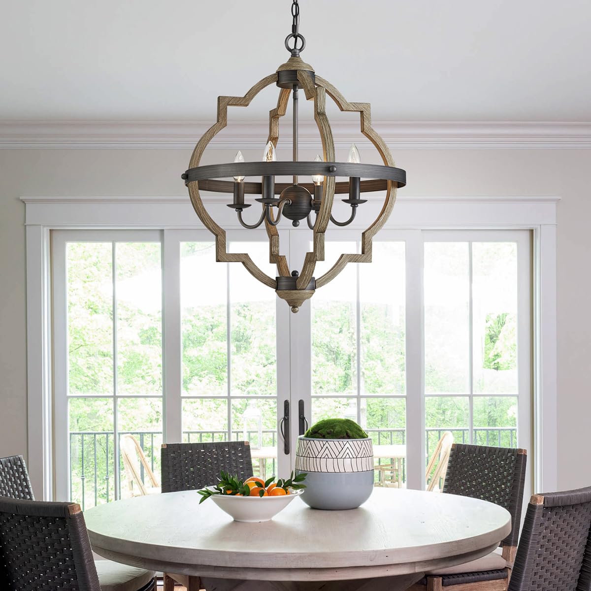 Saint Mossi 4-Lights Farmhouse Chandelier for Dining Room, Rustic Globe Black Chandeliers for Dinging Room, Orb Drum Chandeliers Light Fixtures, H22 x D20, Wood Grain Metal Frame SM Saint Mossi