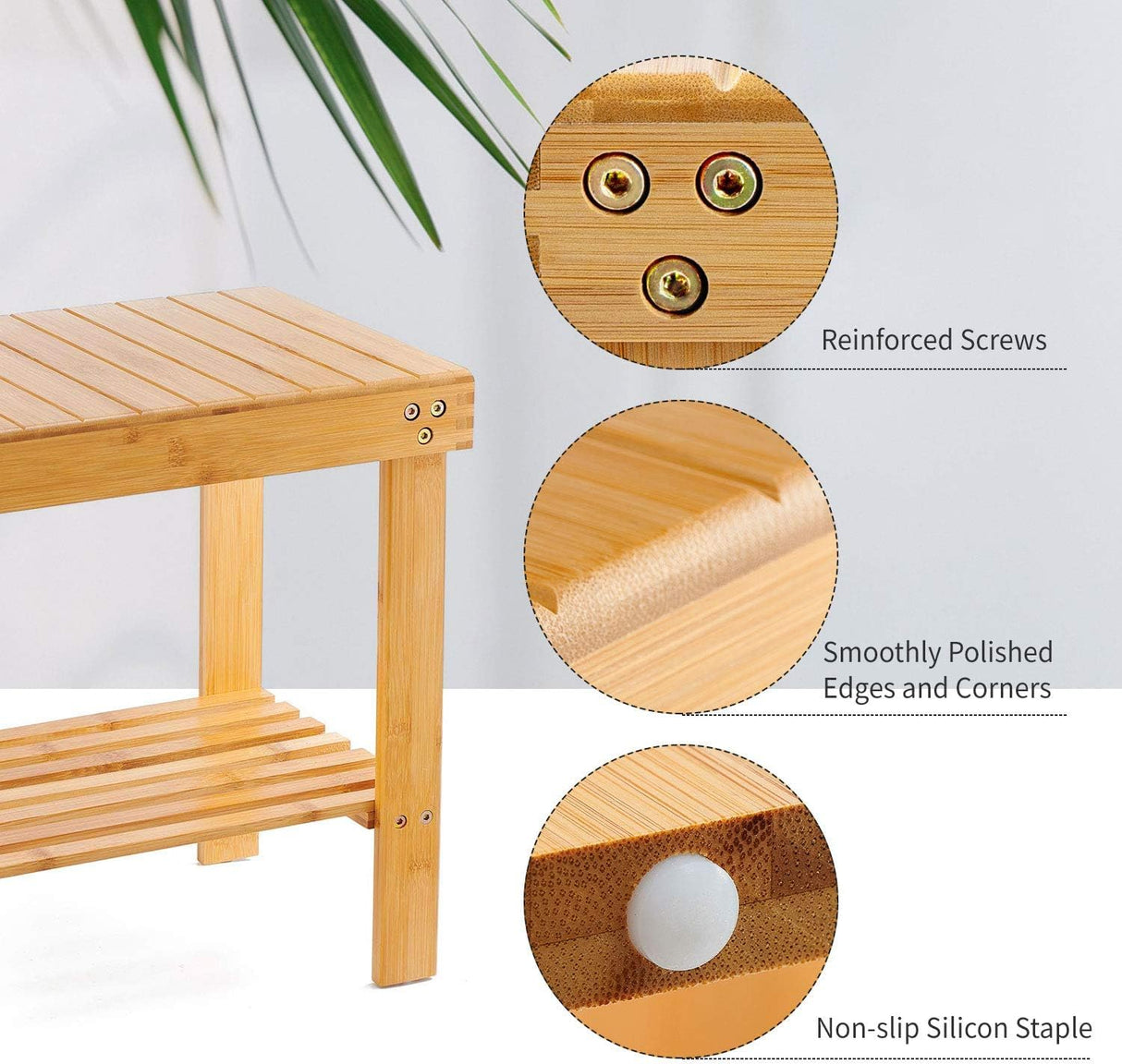 VaeFae Bamboo Spa Bench Wood Seat Stool Foot Rest Shaving Stool with Non-Slip Feets Storage Shelf for Shampoo Towel,Works in Bathroom/Living Room/Bedroom/Garden Leisure VaeFae