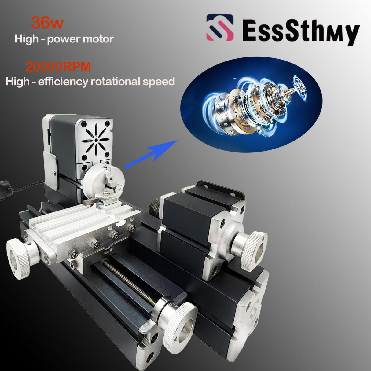 EssSthmy Mini Metal Lathe Machine, 36W 20000 RPM, Benchtop Lathe for Woodworking DIY,Crafting Wood & Soft Metal EssSthmy