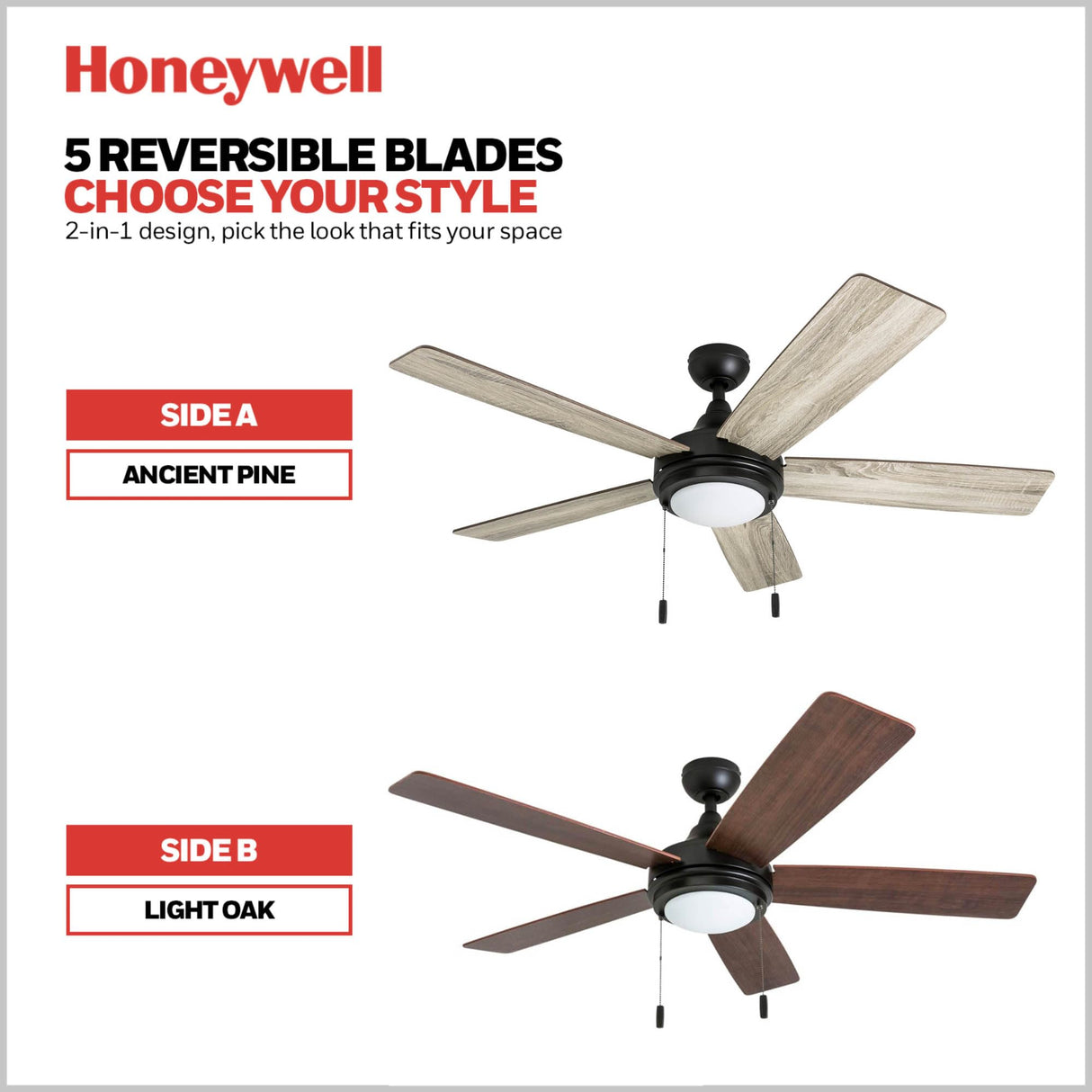 Honeywell Ceiling Fans Ventnor, 52 Inch Modern Farmhouse Indoor LED Ceiling Fan with Light, Pull Chain, Three Mounting Options, Dual Finish Blades, Reversible Motor - 50607-01 (Bronze) Honeywell