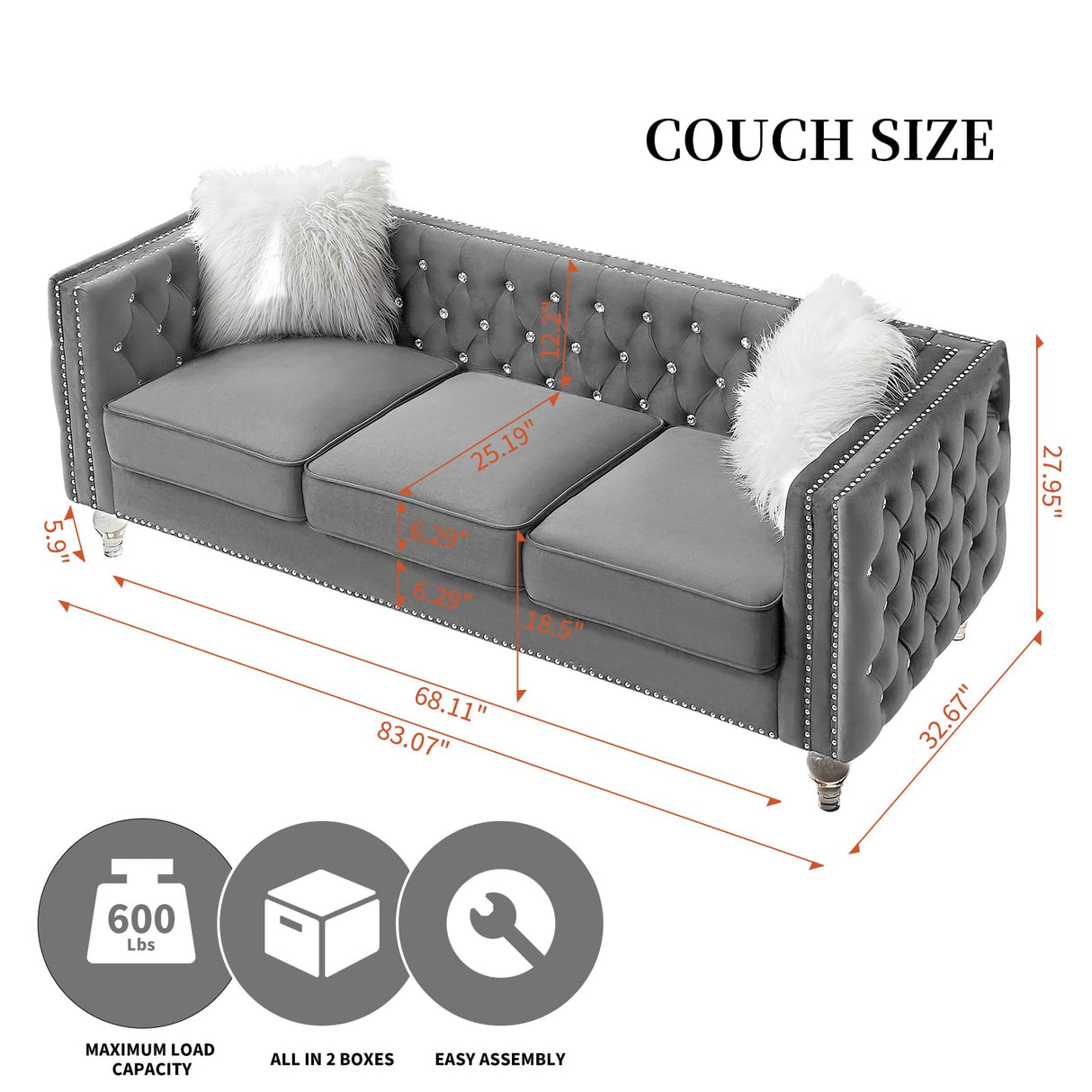Homies Life 83" Chesterfield Sofa, Velvet Mid-Century Modern Upholstered Couch with 2 Throw Pillows and Acrylic Legs, Nailhead Button Tufted Vintage Sofa for Living Room, Apartment, Office, Grey Homies Life