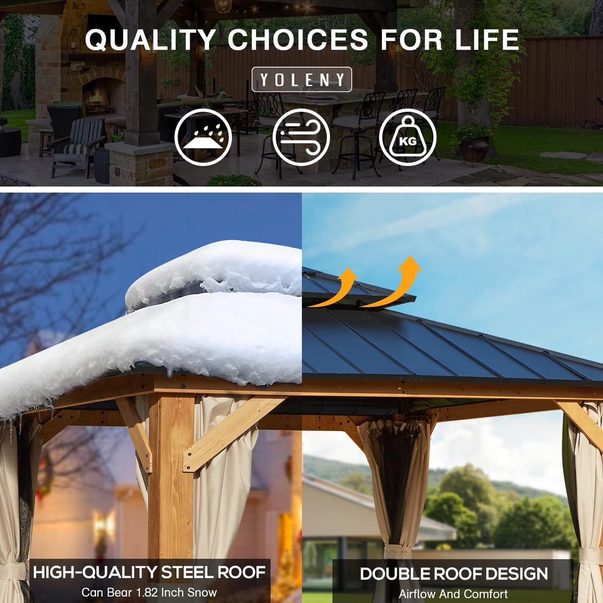 YOLENY 11' x 13' Spruce Wood Gazebo, Outdoor Hardtop Gazebo with Privacy Curtains and Mosquito Netting for Patio, Garden, Backyard YOLENY