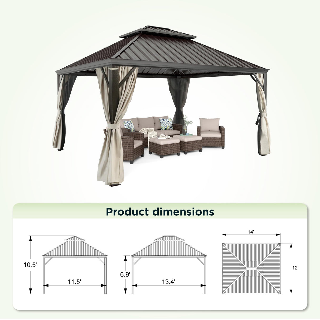 GREEN PARTY 12 X 14ft Hardtop Gazebo with Nettings and Curtains, Heavy Duty Double Roof Galvanized Steel, Outdoor Aluminum Gazebos Pergolas for Patios, Backyard, Deck, Garden, Lawns GREEN PARTY