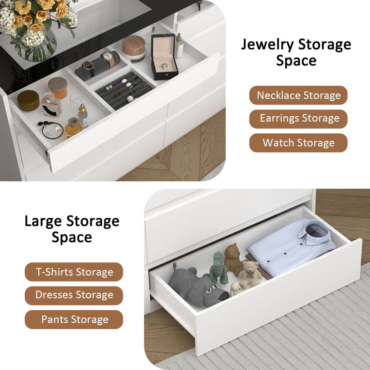 White 8 Drawer Dresser for Bedroom with LED Light, Modern Dresser Chest of Drawers with Hidden Handles and Glass Top, Dressers Organizer for Bedroom, Closet, Living Room LIVAUVEAD
