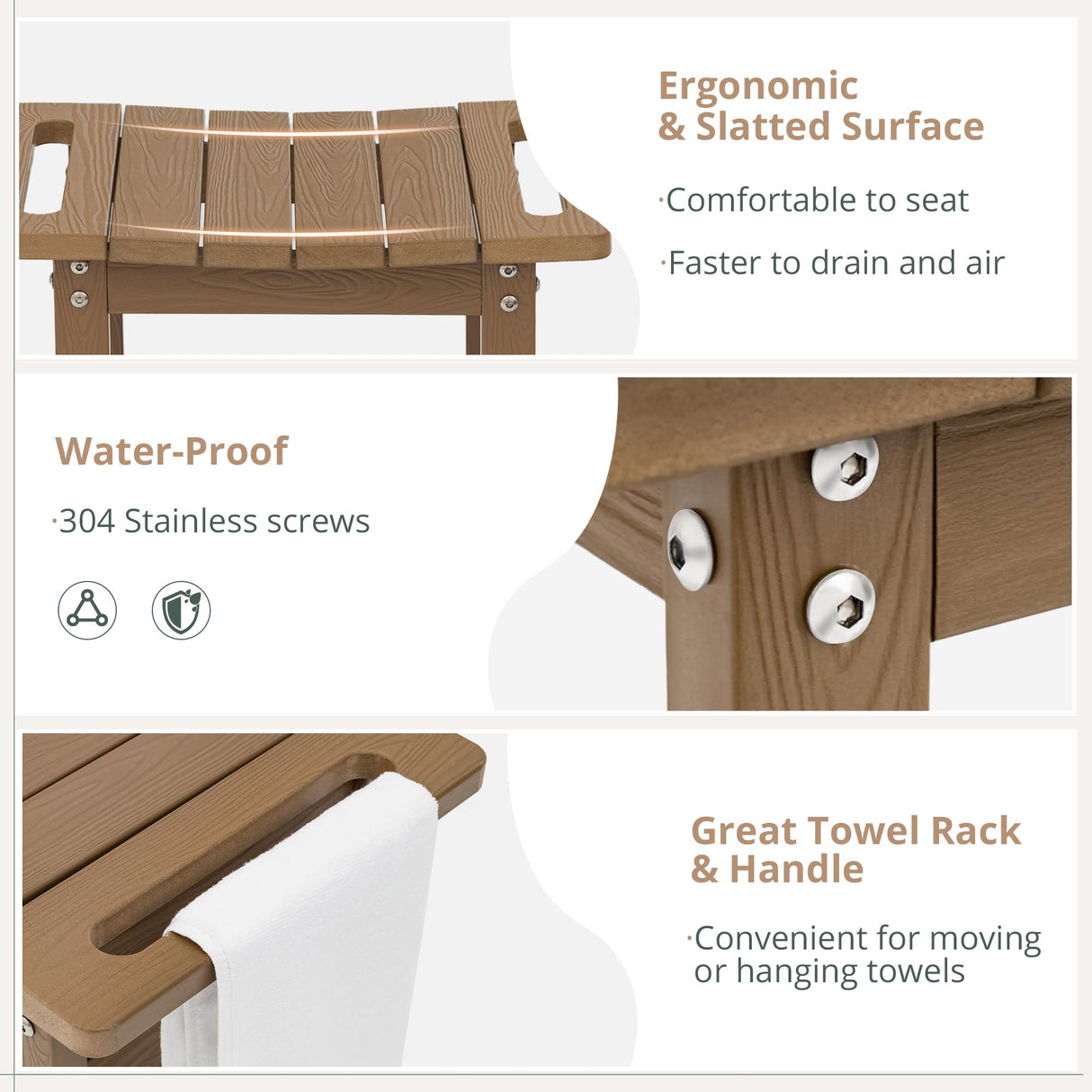 LUE BONA HDPS Shower Bench Seat with Shelf, Brown Shower Stool for Inside Shower Waterproof, Bath Shower Stool Chair for Spa Bathroom, Weather Resistant/Non-Slip/Handles/Indoor or Outdoor Us LUE BONA