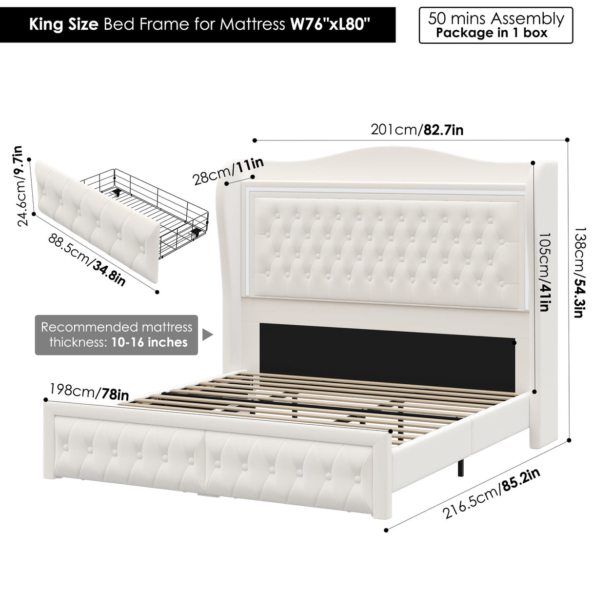 Keyluv 55" Tall Velvet Upholstered King Bed Frame with LED Lights and 2 Storage Drawers Keyluv
