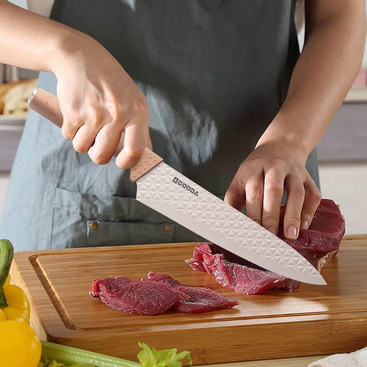 GOODA Kitchen Knife Set With Block,6-Piece Professional Chef Cooking Knives Set For Kitchen,Non-Stick Stainless Steel Knife Block Set (Khaki) GOODA