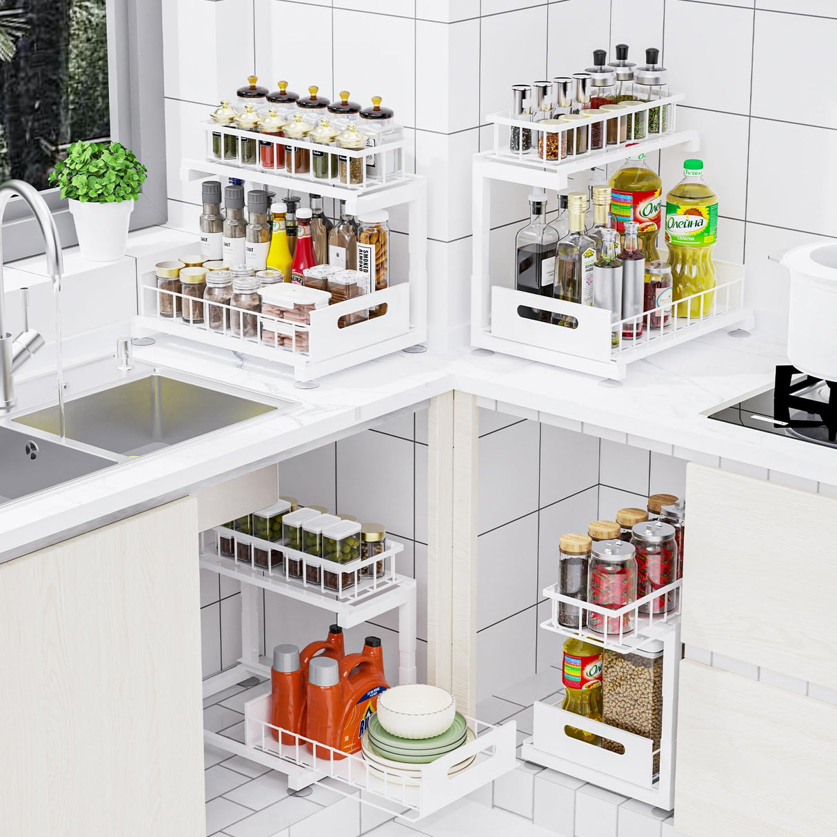 2 Pack Under Sink Organizer, 2-Tier Heavy Duty Metal Pull Out Cabinet Organizer Slide Out Sink Shelf Organizer Height Adjustable, Multi-Purpose Storage Shelf for Kitchen Bathroom (White,2 Pack) Toyear