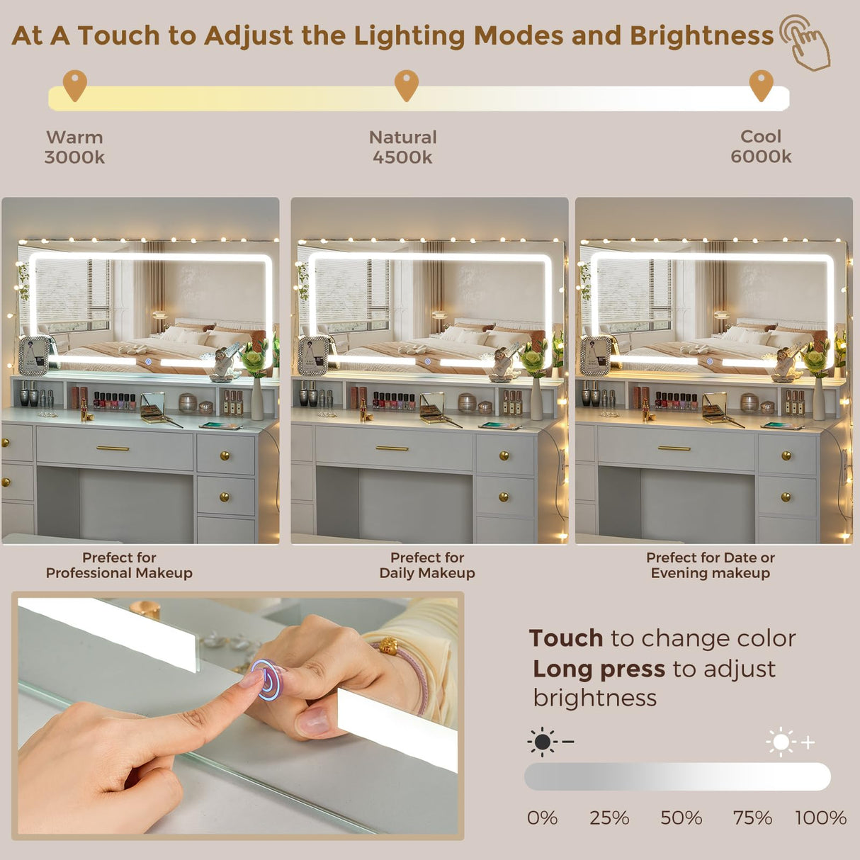 ANWBROAD Vanity Desk Set with Large LED Lighted Mirror Power Outlet Makeup Vanity Table 3 Color Lighting Modes Dressing Table with 5 Drawers and 2 Cabinets Cushioned Stool for Bedroom, White UBDT57W ANWBROAD