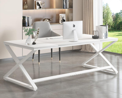 LVB 70.8" Long Desk, Modern Large White Computer Desk for Home Office Work, Wood Metal Computer Table for Writing Study in Bedroom, Simple Gaming Desk for 2 Monitor Workstation, White Oak, 70 in