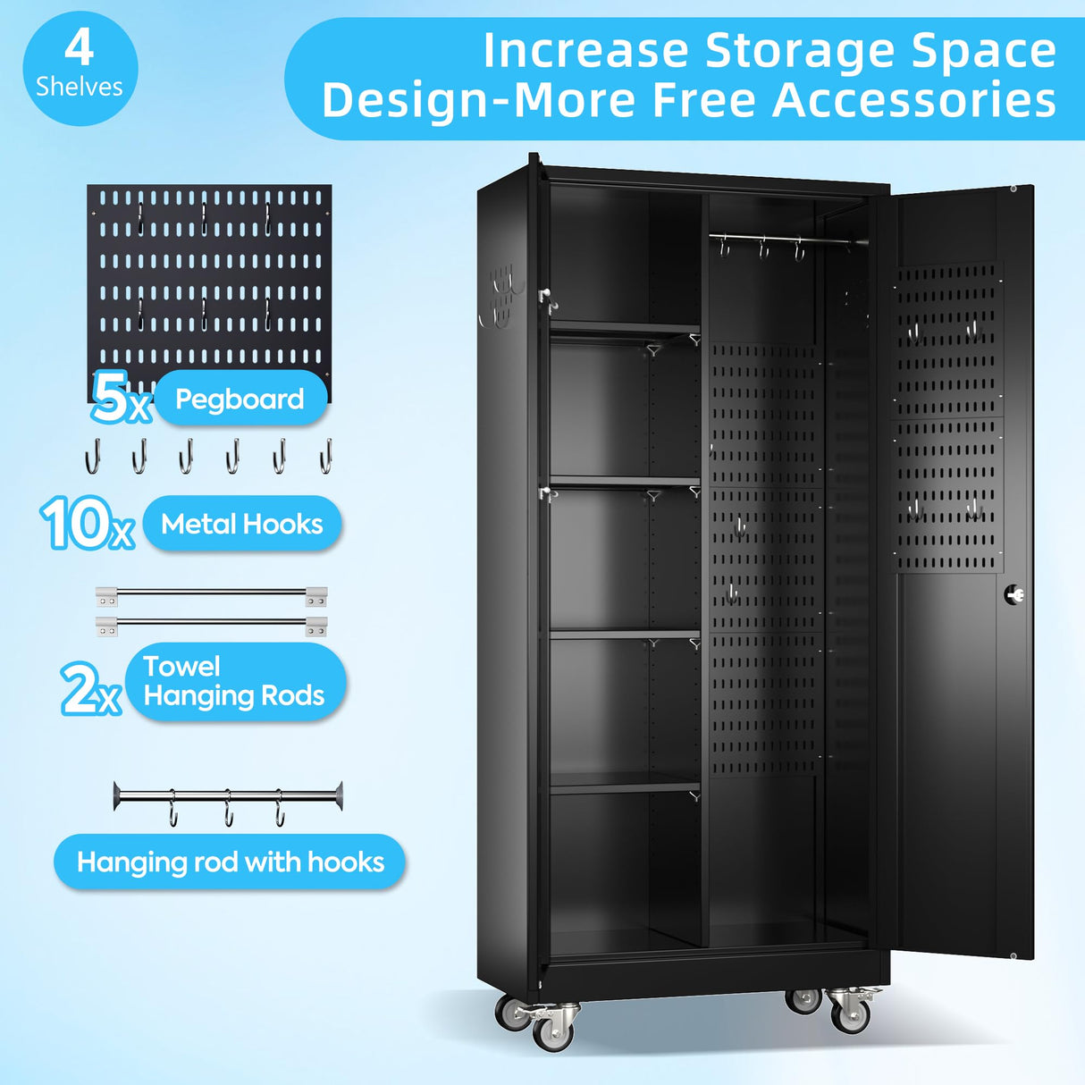 Broom Closet Storage Cabinet with Wheels and Pegboard,Garage Storage Cabinet with Lockable and Magnetic Doors,Adjustable Shelves for Garage Home Office,Required Assembly,17.7"D*33.5"W*70.87"H Reemoon