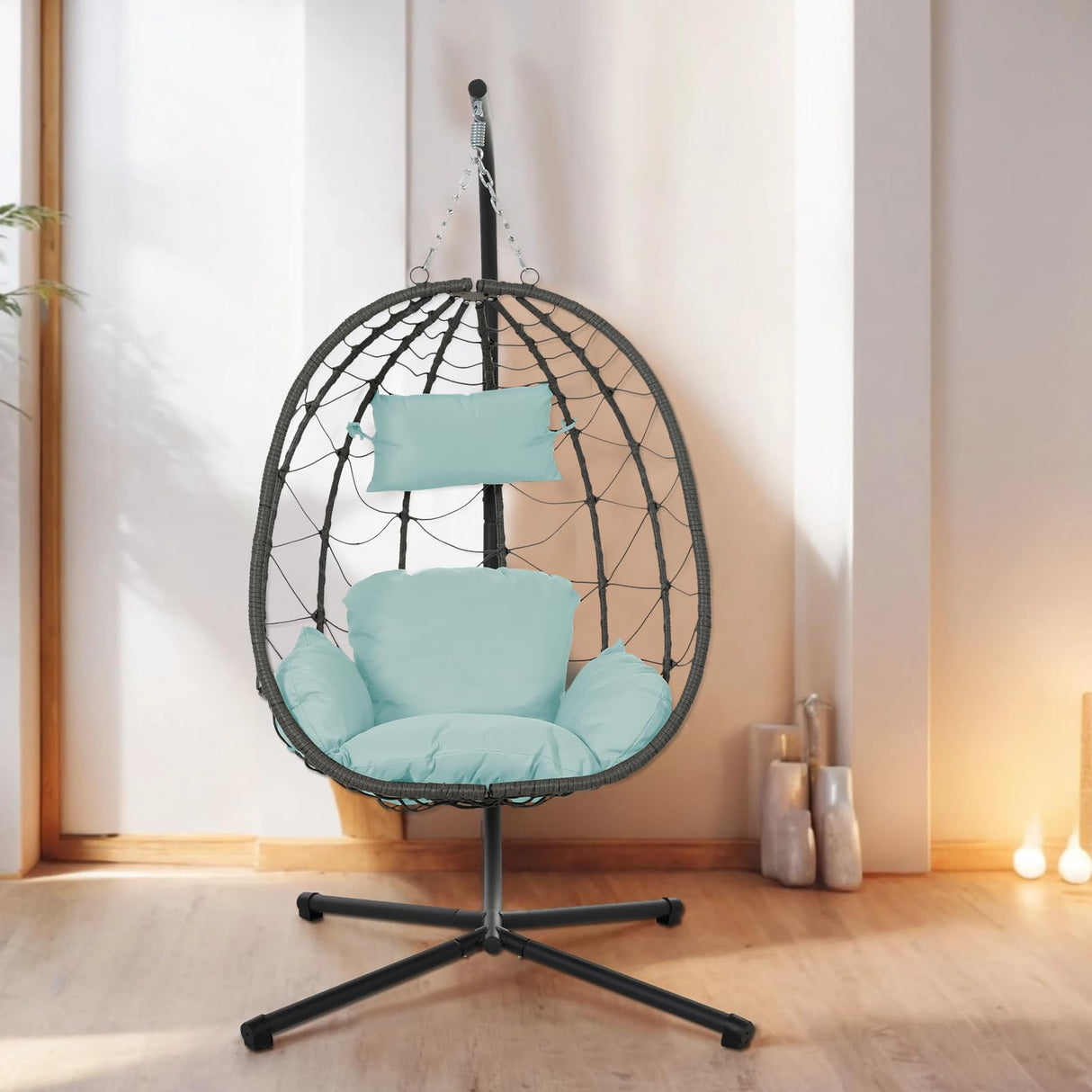 Egg Chair Indoor Outdoor, Foldable Hanging Egg Chair with Stand, Patio Swing Egg Chairs, UV Resistant Removable &Washable Thicken Padded Cushions, 350LBS Capacity for Bedroom, Balcony Blue HiDSLiving