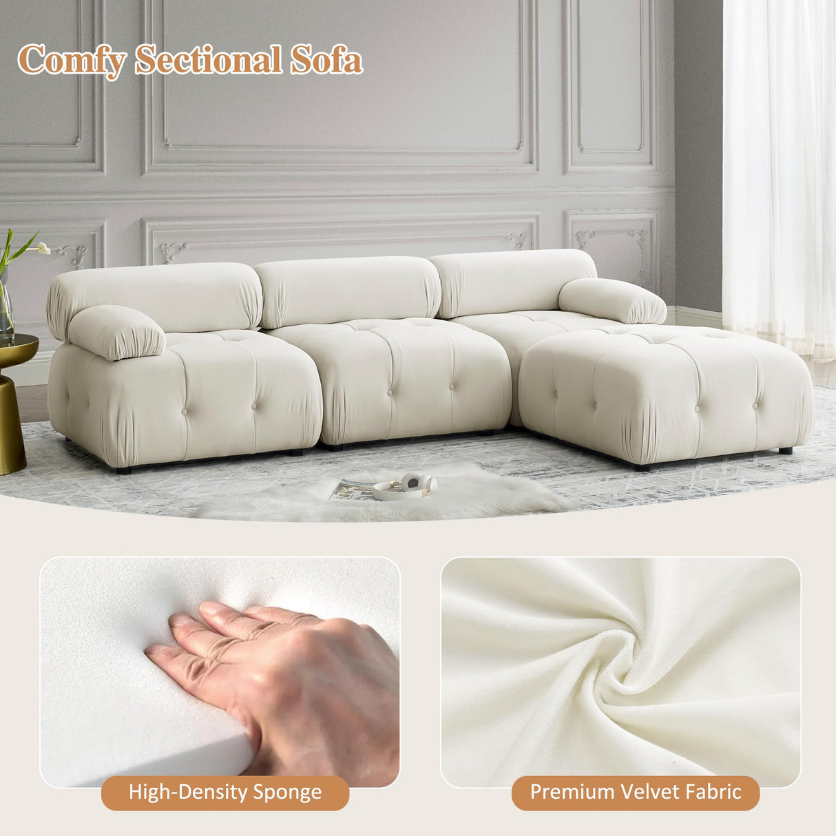 GNIXUU Modular Sectional Sofa, 93" Convertible L-Shaped Couch for Living Room, Modern Button Tufted Cloud Couches with Comfy Armrest, Beige Velvet GNIXUU