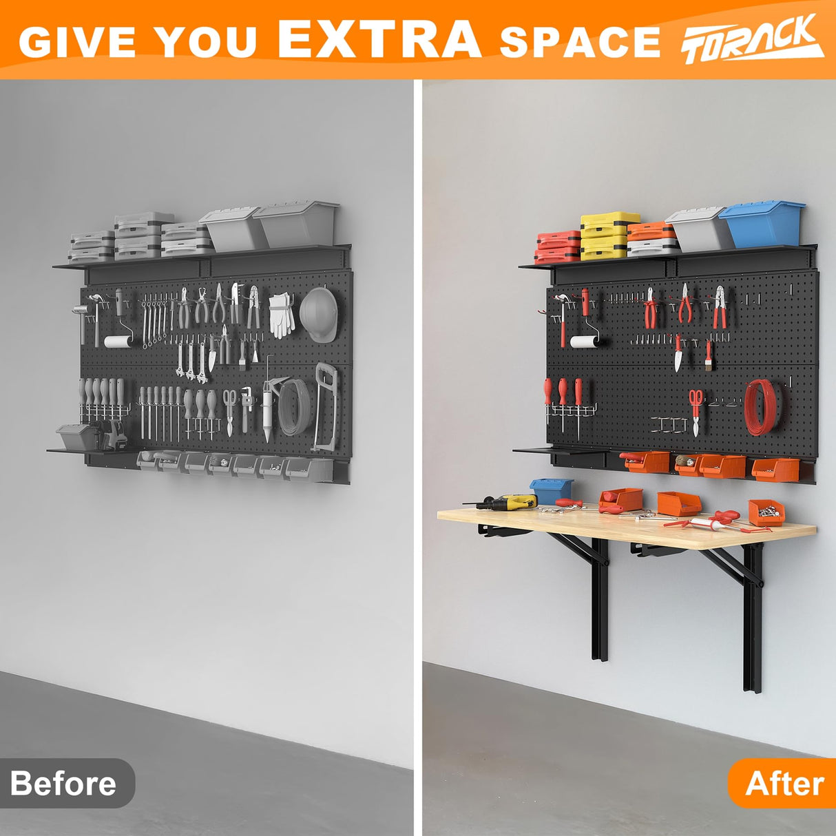 TORACK Heavy Duty Wall Mounted Folding Workbench, Space-Saving Collapsible Wall Table/Desk for Garage Workshop Home, Holds Up to 550lbs(Board Size: 47.25 x 27.75inch) TORACK