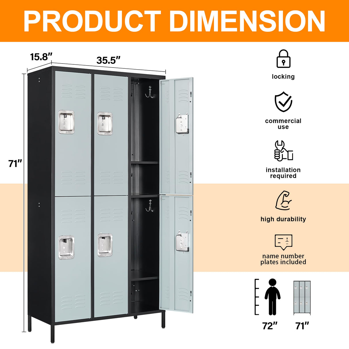 Anxxsu Metal Locker with 6 Doors Employees Locker, Metal Storage Locker with Hooks, 71" Storage Cabinet Lockers for Employees, Home, Office, Gym Requires Assembly (6 Doors, Black Grey) Anxxsu