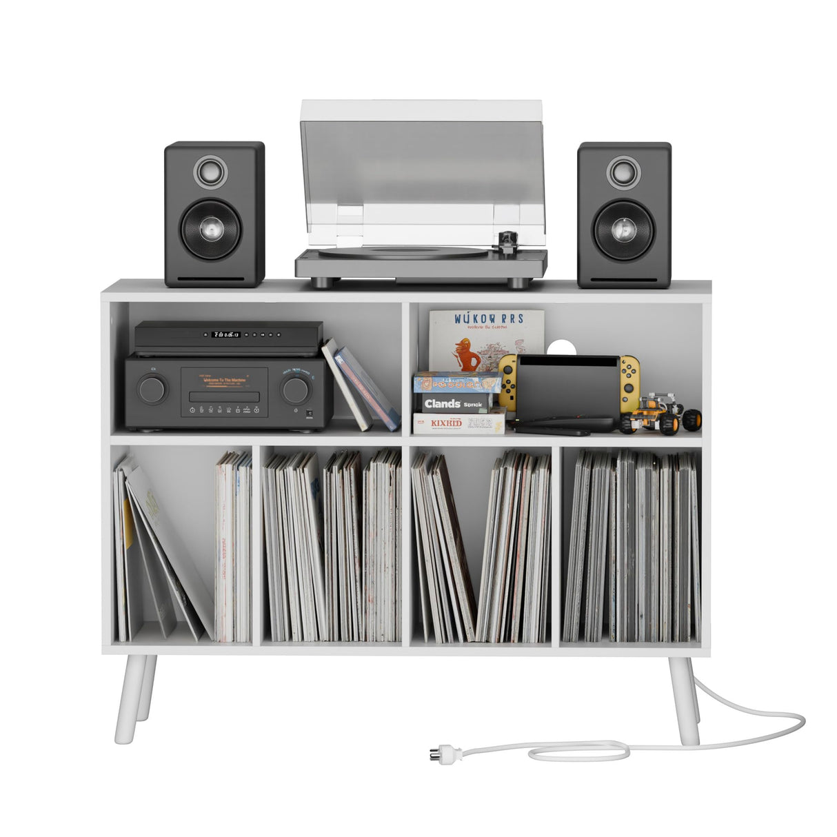 Cozy Castle Record Player Stand, Turntables Stand with Charging Station and Vinyl Record Storage Holds up to 350 Albums, Record Stand Table for Living Room, Office, White Cozy Castle