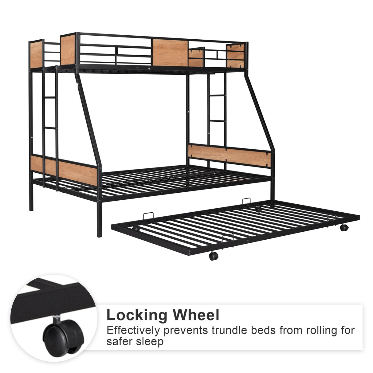 Rophefx Twin Over Full Bunk Beds with Trundle, Heavy Duty Metal Bed Frame with Safety Rail 2 Side Ladders Triple Bunk Bed No Box Spring Needed Space-Saving, Black Rophefx