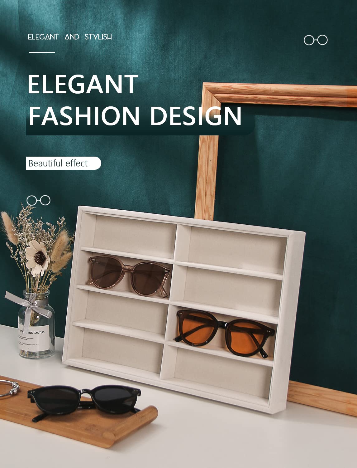 Coward Sunglass Organizer, Beige Velvet Glasses Trays - Eyeglasses Watches Jewelry Display - Men Women (8 Grids) Coward