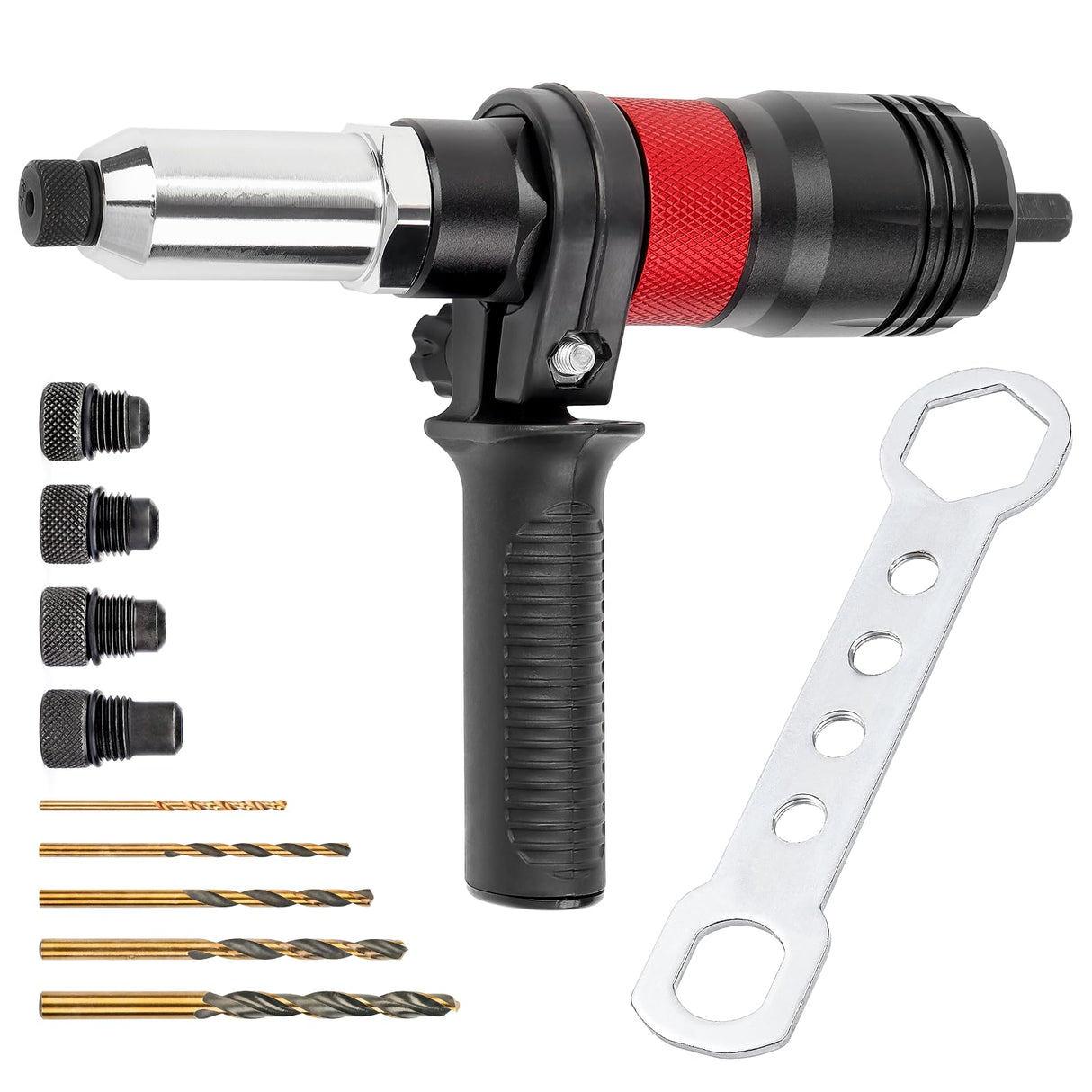 YUZES Rivet Gun Kit Adapter for Cordless Drills and 8mm Ratchet Wrench, Rivet Tool with (3/32", 1/8", 5/32", 3/16", 1/4") Interchangeable Rivet Heads and 5 Twist Drill, Easy Processing for Pop Rivet YUZES