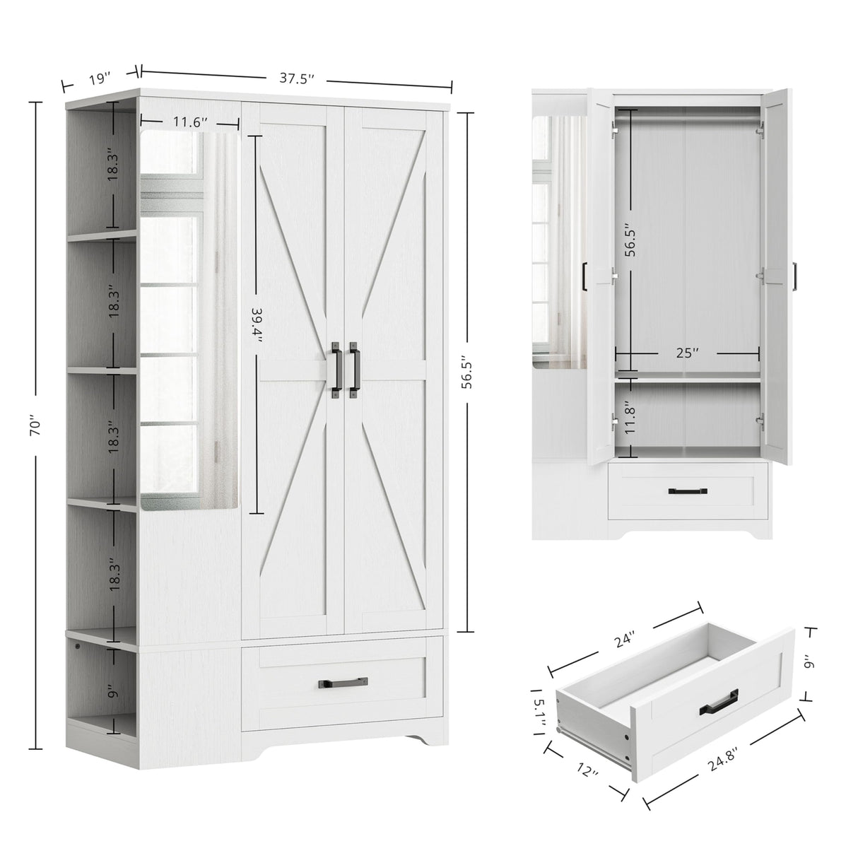 LIKIMIO Armoire Wardrobe Closet with Barn Doors and Drawers and Full Mirror and 5 Storage Shelves 70" Wooden Bedroom Wardrobe Combination for Hanging Clothes, White LIKIMIO