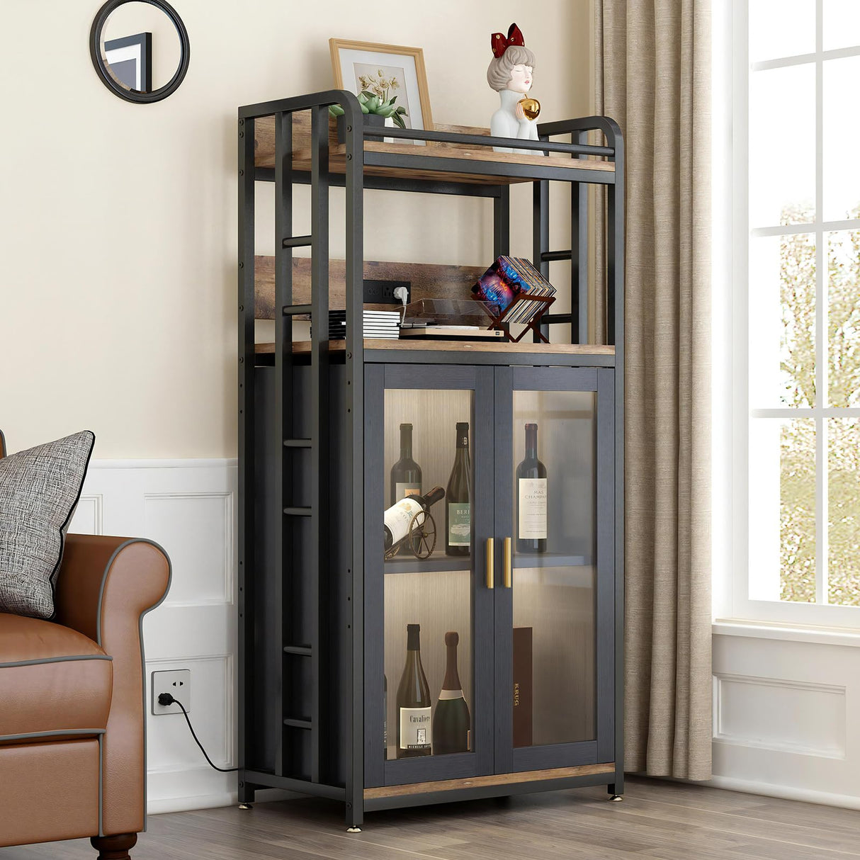 METYERRY Adjustable 4-Tier Heavy Duty Kitchen Baker's Rack with Power Outlet, with Industrial Wheels, Free Standing Microwave Oven Cart Stand for Storage in Living Room, Garage, Rustic Brown METYERRY