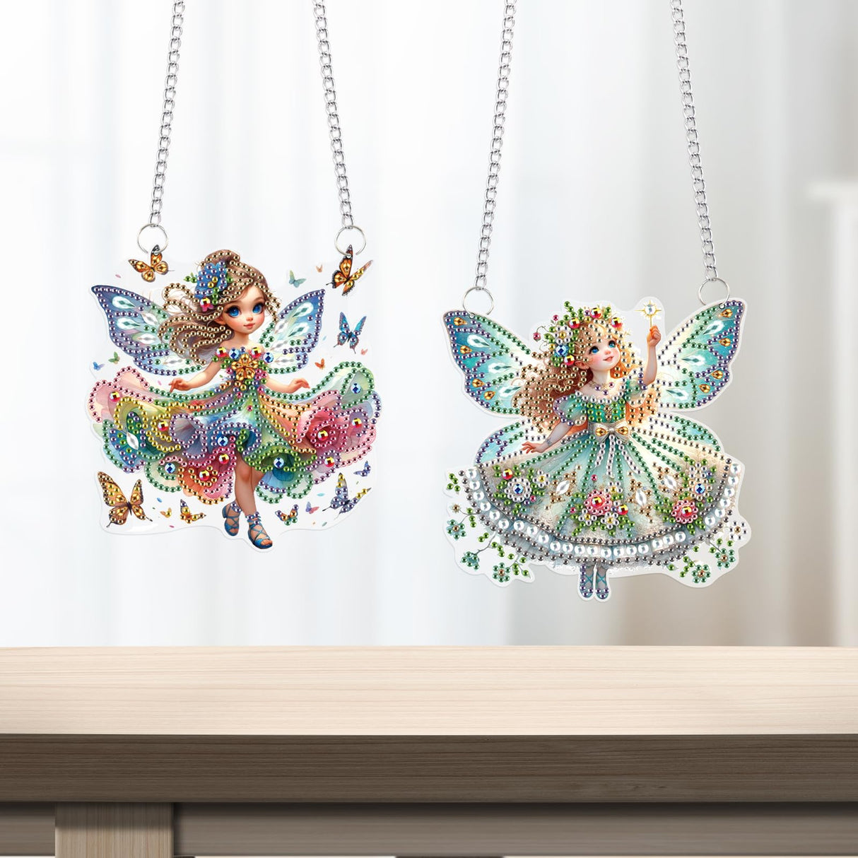 2 Pcs Diamond Painting Fairy Ornaments – DIY Acrylic Hanging Decorations with Chains, Cute Butterfly Flower Elf Girl Design for Home Decor, Gifts, and Crafts antor