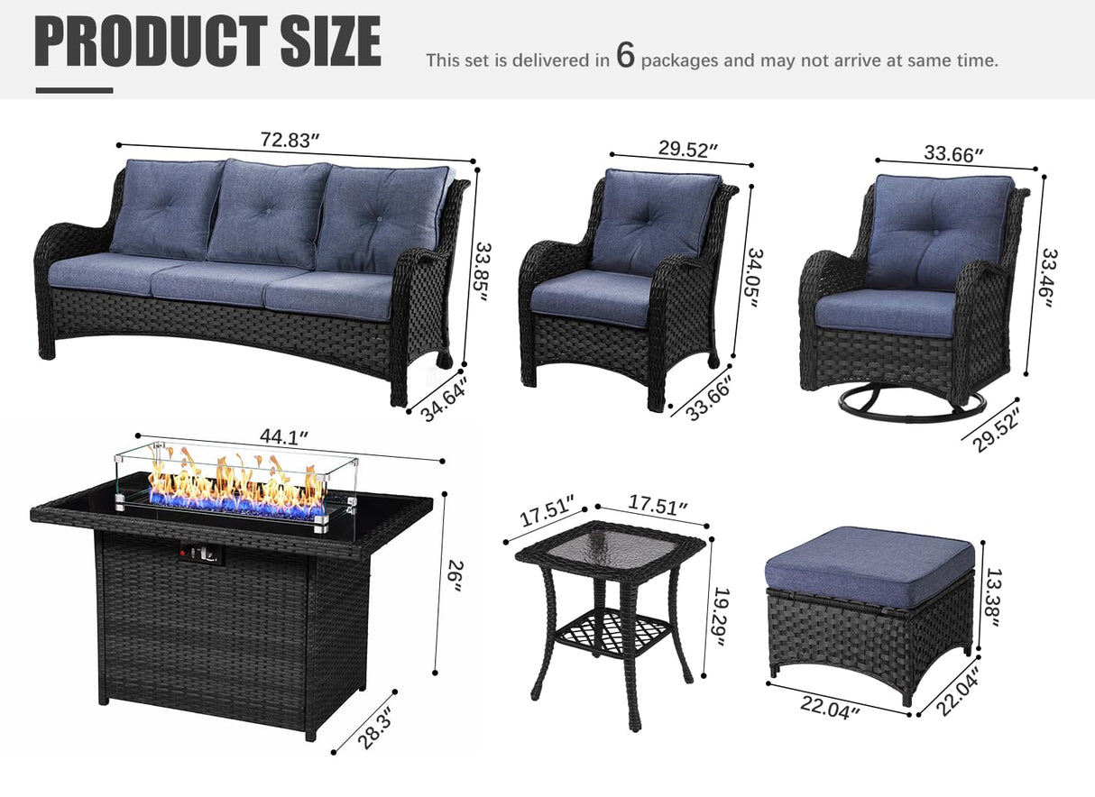 LayinSun 10 Pieces Outdoor Patio Furniture Set with Fire Pit Table, Rattan Wicker Sectional Swivel Rocker Chairs Sets with Ottomans, Swivel Glider Chairs, Single Chairs and Coffee Table LayinSun