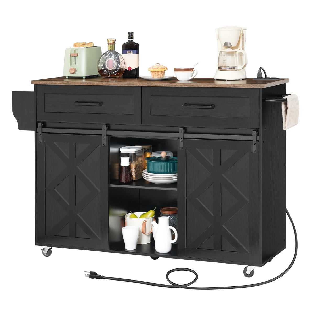 HOOBRO Kitchen Island with Storage, Power Outlet, Rolling Kitchen Island Cart on Wheels, with 2 Drawers, Sliding Barn Doors and Lockable Wheels, Farmhouse, Black BF28UZD01 HOOBRO