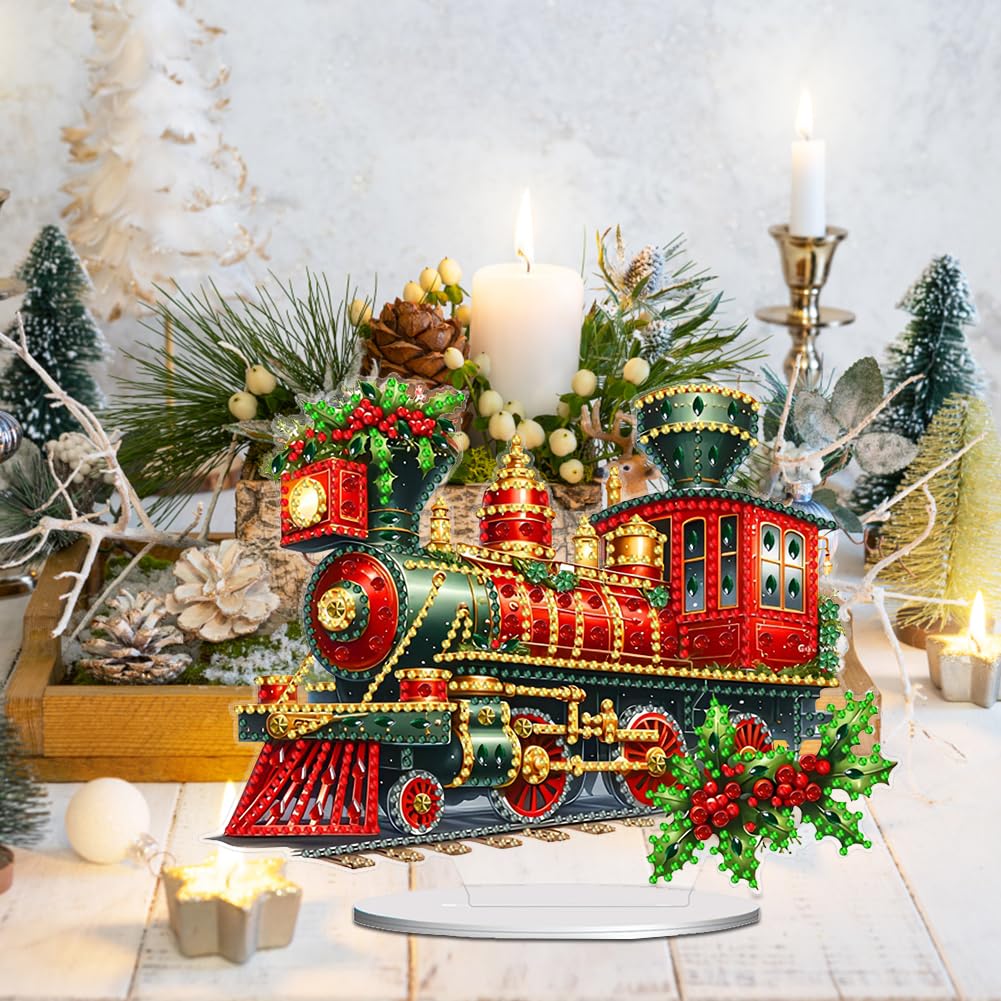 POETRYDRAW Diamond Art Ornament Desktop Kit Christmas Train, DIY Stand Up Acrylic Diamonds Painting Ornament for Adults, 5D Special Diamond Gem Craft Tabletop Placement Board Kit POETRYDRAW