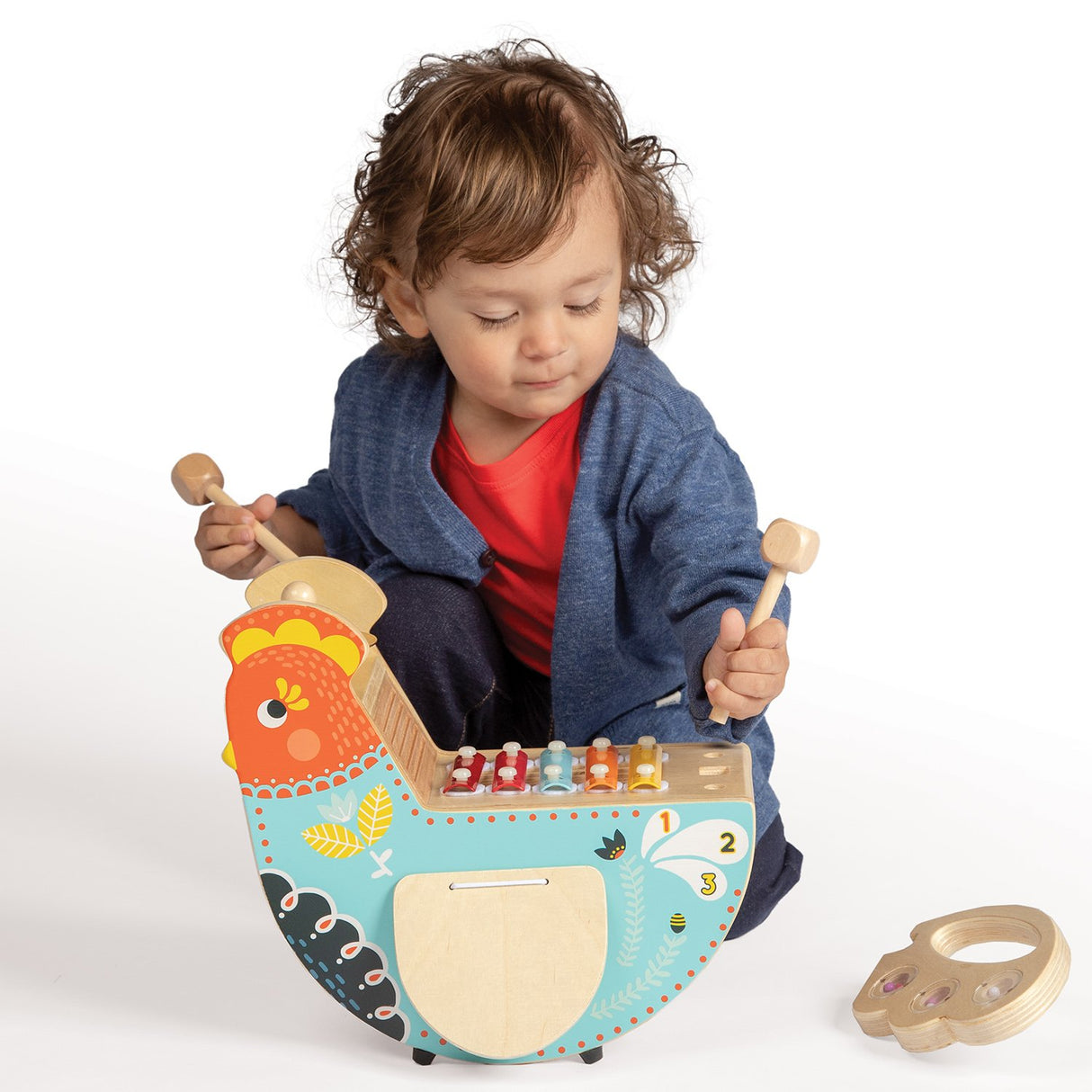 Manhattan Toy Musical Chicken Wooden Instrument for Toddlers with Xylophone, Drumsticks, Cymbal and Maraca,Blue Manhattan Toy