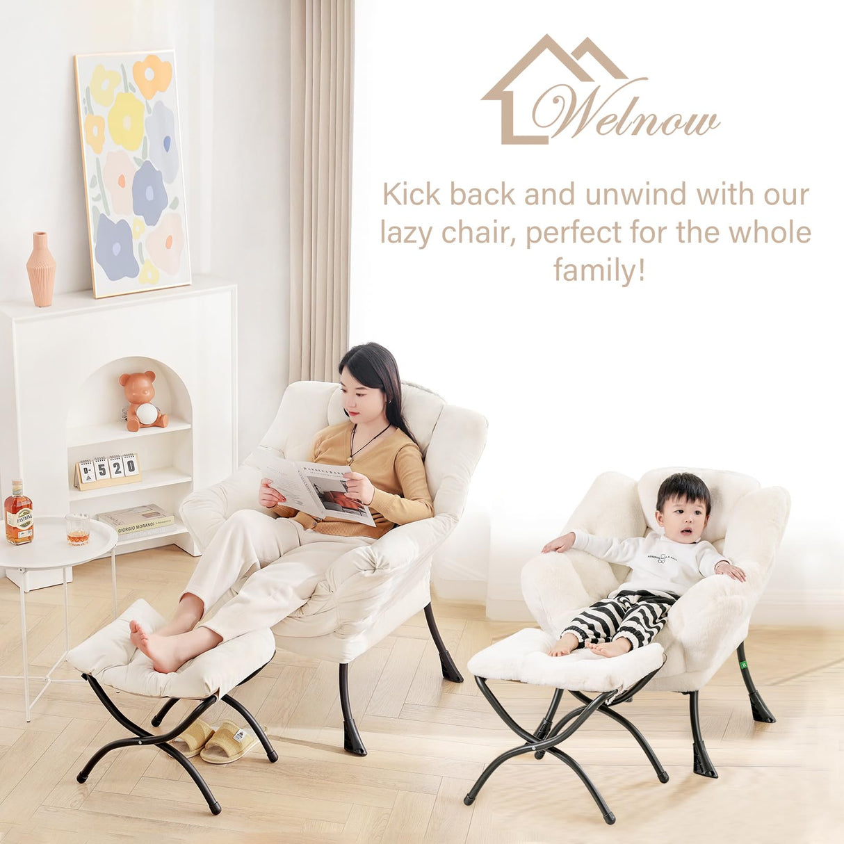 Welnow Lazy Chair with Ottoman, Modern Lounge Accent Chair with Armrests and a Side Pocket, Leisure Upholstered Sofa Chair Reading Chair with Footrest for Small Space, Corner Chair, Dark Grey Welnow