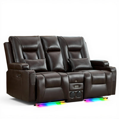 URRED Wall Hugger Loveseat Recliner Sofa with Flip Console, Power Reclining Loveseat RV Couch with LED Lights, Bluetooth, USB Ports, Outlets, Cup Holders, Side Pockets, Faux Leather, Dark Brown