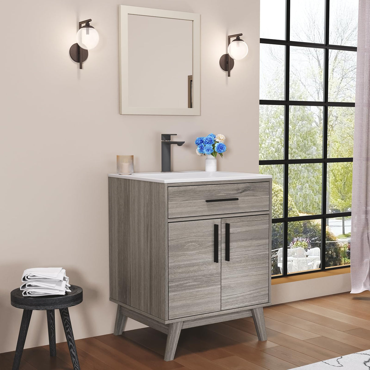 AMERLIFE 24.5" Bathroom Vanity with Sink Combo, Mid-Century Modern Small Single Bathroom Cabinet Set, Integrated Sink, Soft Closing Doors with Metal Handles, Bath Vanity Grey AMERLIFE
