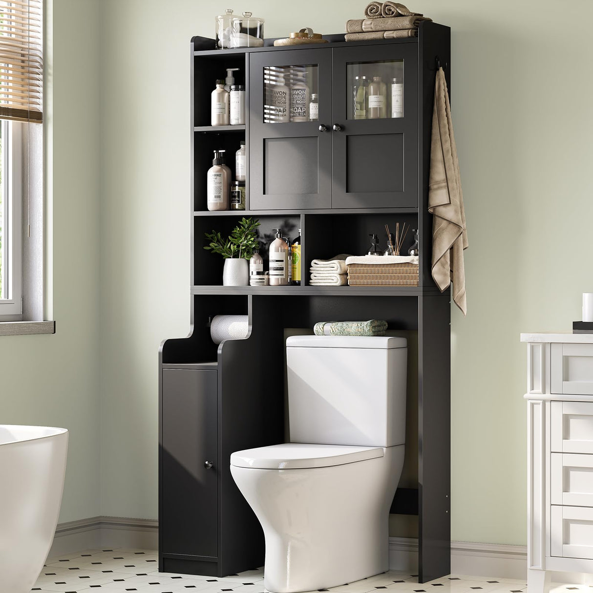 Itaar Over The Toilet Storage Cabinet, Over Toilet Bathroom Organizer with Glass Doors & Toilet Paper Holder Stand, Home Space-Saving Toilet Rack, for Bathroom, Restroom, Laundry(Black) Itaar