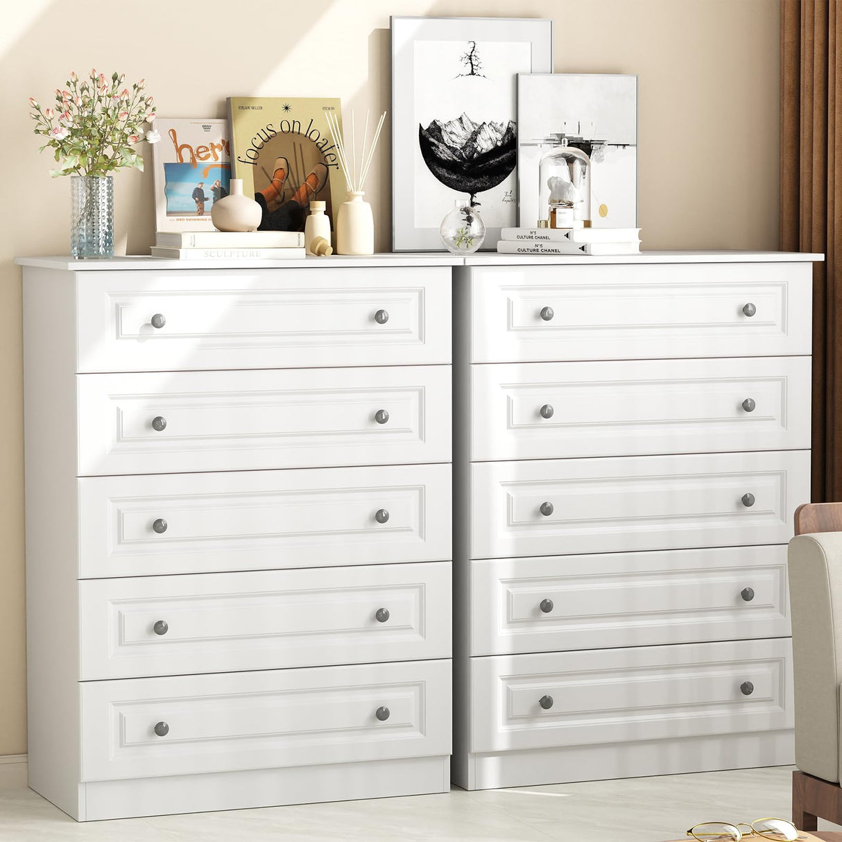 White 5-Drawer Tall Dresser with Wood Top, Modern Storage Tower for Bedroom, Closet, Living Room, Entryway, Hallway Seeday