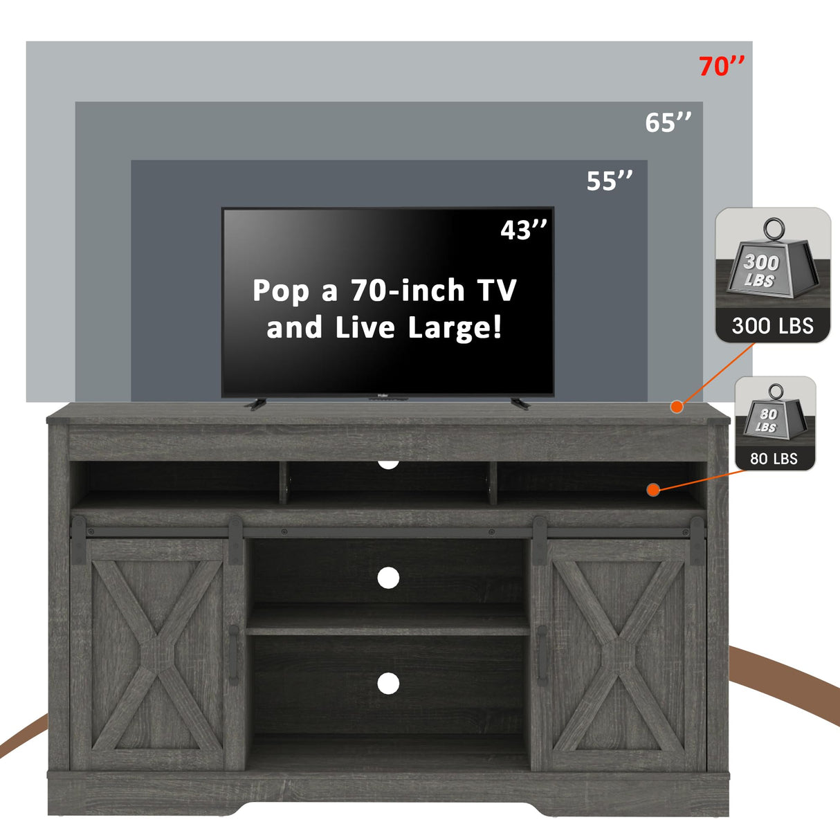 FansaFurn Farmhouse TV Stand for 65+ Inch TV, 34'' Tall Entertainment Center with Sliding Barn Doors, Rustic Wood Media Console Storage Cabinet Television Stand for Living Room, Bedroom (Dark Grey) FansaFurn