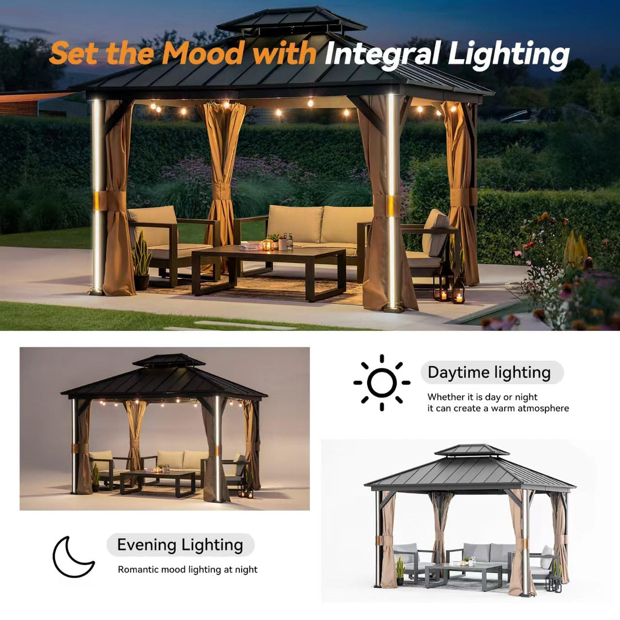 Modern Shade 10' x 12' Hardtop Gazebo with Galvanized Steel Roof, Aluminum Frame, Mosquito Netting, Curtains, 4 LED Lights, USB & USB-C Charging Port Permanent Outdoor Pavilion for Backyard Patio Modern Shade Outdoor Living Spaces