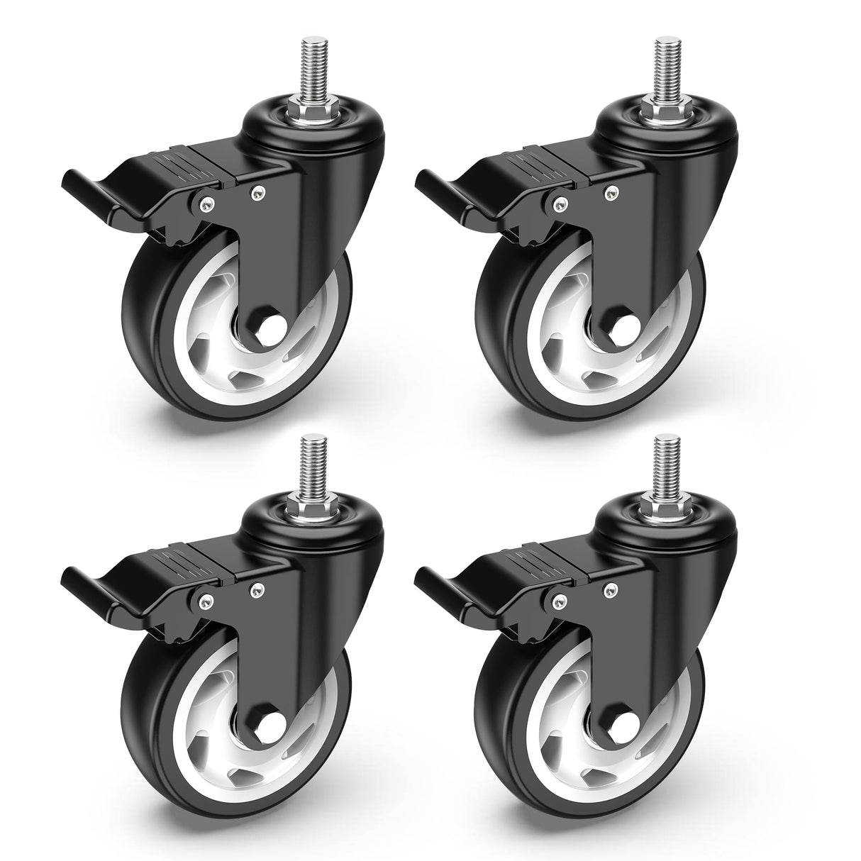HOLKIE Caster Wheels 4 inch Total Locking Stem Casters, 3/8" -16 x 1 (Stem Diameter 3/8", Stem Length 1") Threaded Stem Casters Swivel Casters Set of 4 Heavy Duty Castors Black HOLKIE