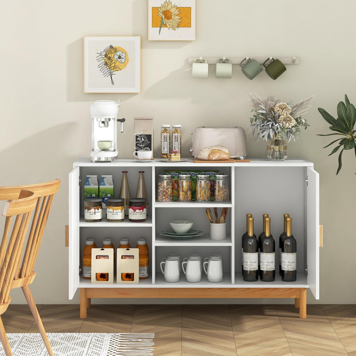 Giantex Buffet Sideboard, Kitchen Storage Cabinet with 3 Open Shelves & 2 Side Cabinets, 48” Wood Cupboard w/ 2 Bamboo Woven Doors, Console Table for Living Room Entryway Coffee Bar, Natural Giantex