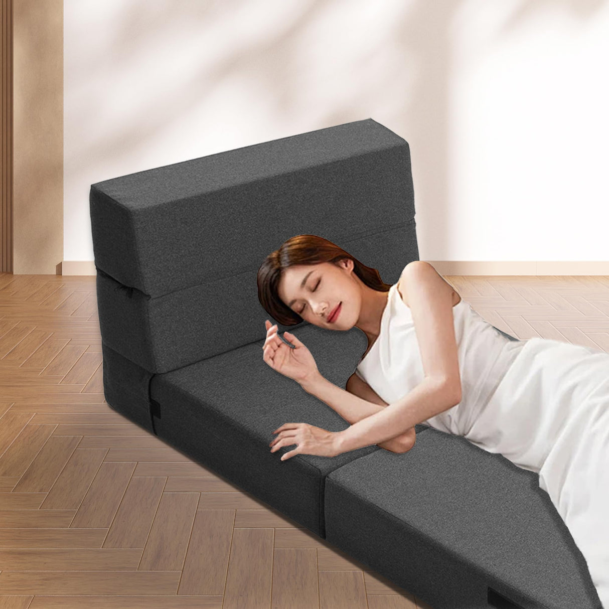 CATMIX Folding Sofa Bed, 7 inch Memory Foam Floor Couch, Convertible Sleeper Foldable Mattress Futon Sofa for Living Room/Home Office/Guest Beds/Apartment/Upstairs Loft (Dark Gray, Single) CATMIX