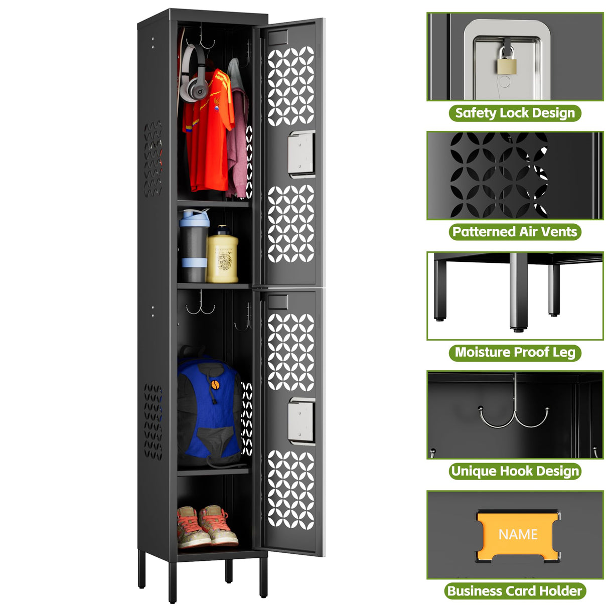 SUPEER 2 Doors Metal Locker with Adjustable Shelves and 6 Hooks,Metal Lockers for Employees for Gym,School,Office,Home,Garage,Assembly Required,Black SUPEER