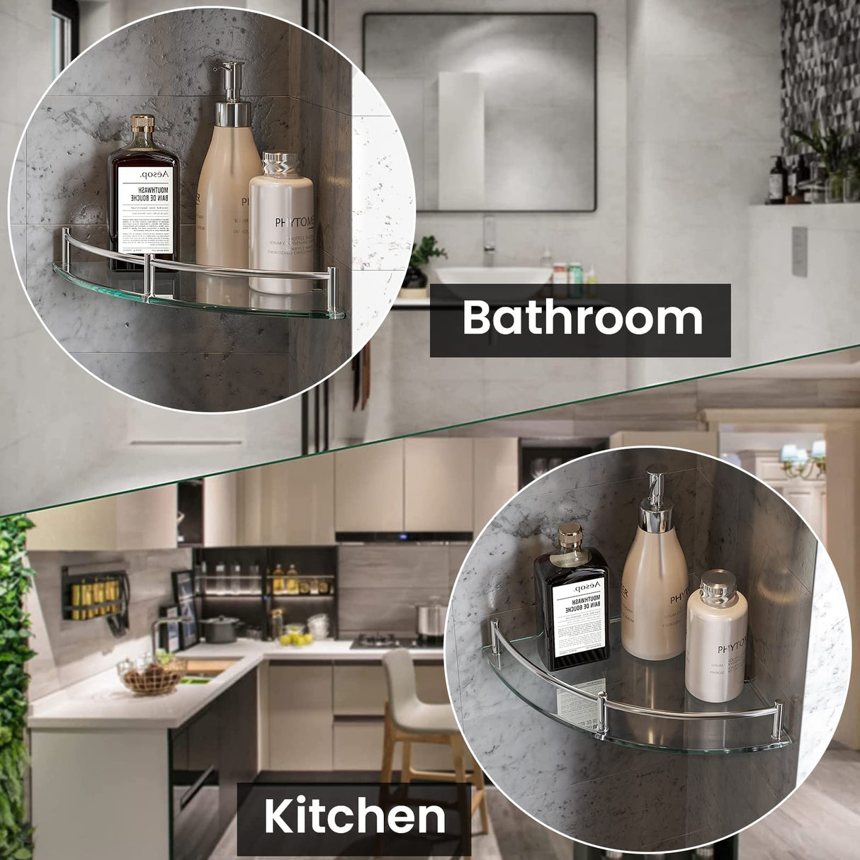 YorkHoMo Glass Corner Shelves Tempered Bathroom Eestantes para Baños with Rail Wall Mounted Drill Hole for Corner Shower Shelf for Inside Shower 2 Pack(Sliver) YorkHoMo