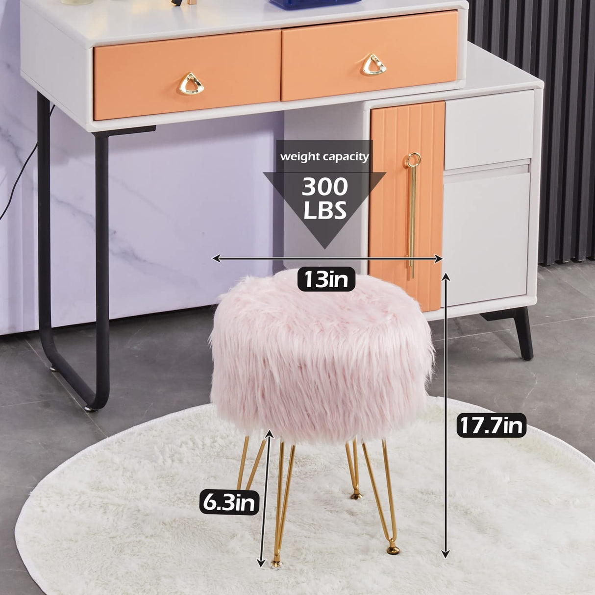 Mxfurhawa Faux Fur Storage Ottoman Round Furry Vanity Stool Marble Grain Tray Coffee Table Compact Footrest Stool with 4 Metal Legs Soft Makeup Seat Foot Stools for Living Room Bedroom Entryway Pink Mxfurhawa