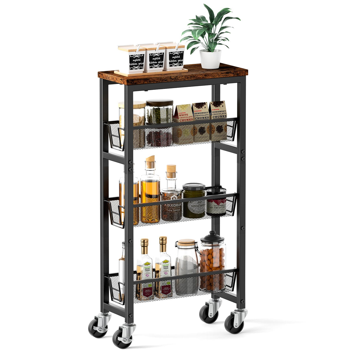 Honest Slim Storage Cart 4-Tier Slim Rolling Cart with Metal Frame and Wooden Top, 6.3 Inches, Storage Cart for Kitchen, Dining Room, Living Room, Bathroom, Home Office, Rustic Brown and Black HONEST OUTFITTERS