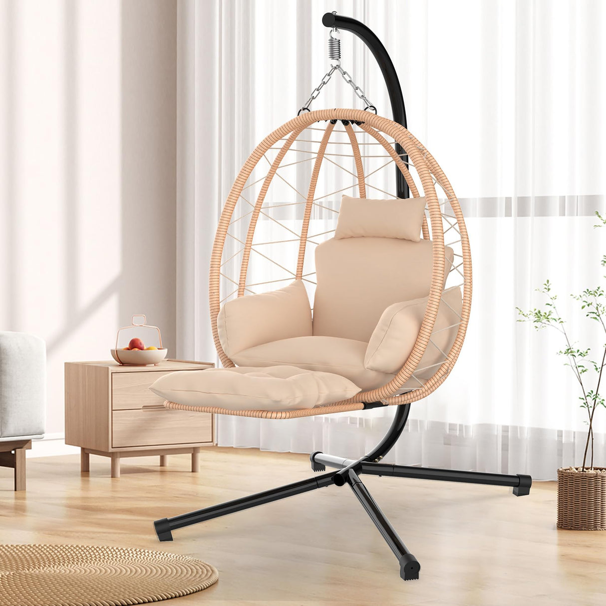 ZENPETIO Hanging Egg Chair with Stand, Removable Leg Rest, UV Resistant Cushion & Pillow, 370lbs Capacity – Indoor & Outdoor Use, Rattan Wicker Swing Egg Chair for Patio, Bedroom, Balcony, Brown ZENPETIO